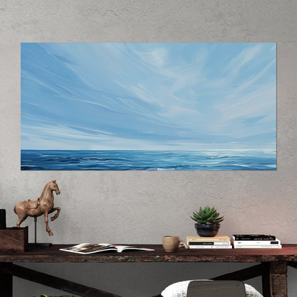 Minimalist abstract brush stroke painting of ocean and blue sky - Tranquil Seaside Serenity