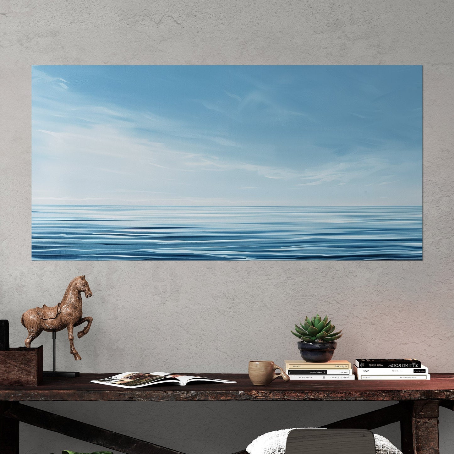 Minimalist abstract brush stroke painting of ocean and blue sky - Tranquil Serenity