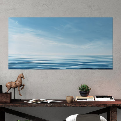 Minimalist abstract brush stroke painting of ocean and blue sky - Tranquil Serenity