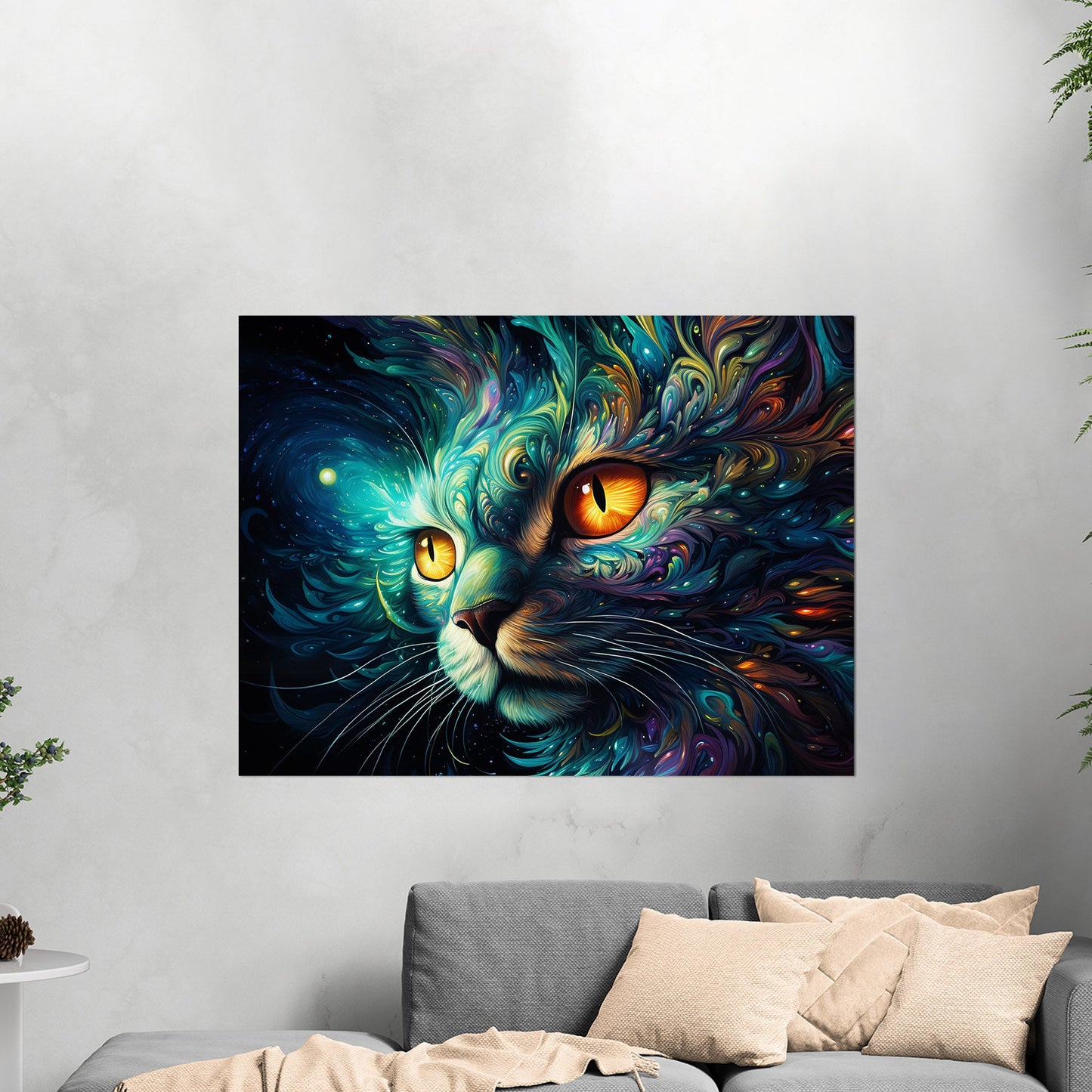 Psychedelic black cat portrait exuding mystery - Cosmic Enchantment