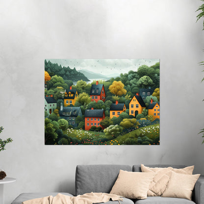 Naive art style illustration of a cute neighborhood down a hill by a lake. - Enchanting Lakeside Village