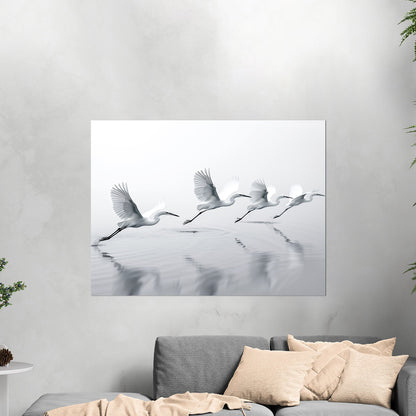 Tranquil wall art depicting elegant egrets flying over serene lake - Serene Flight