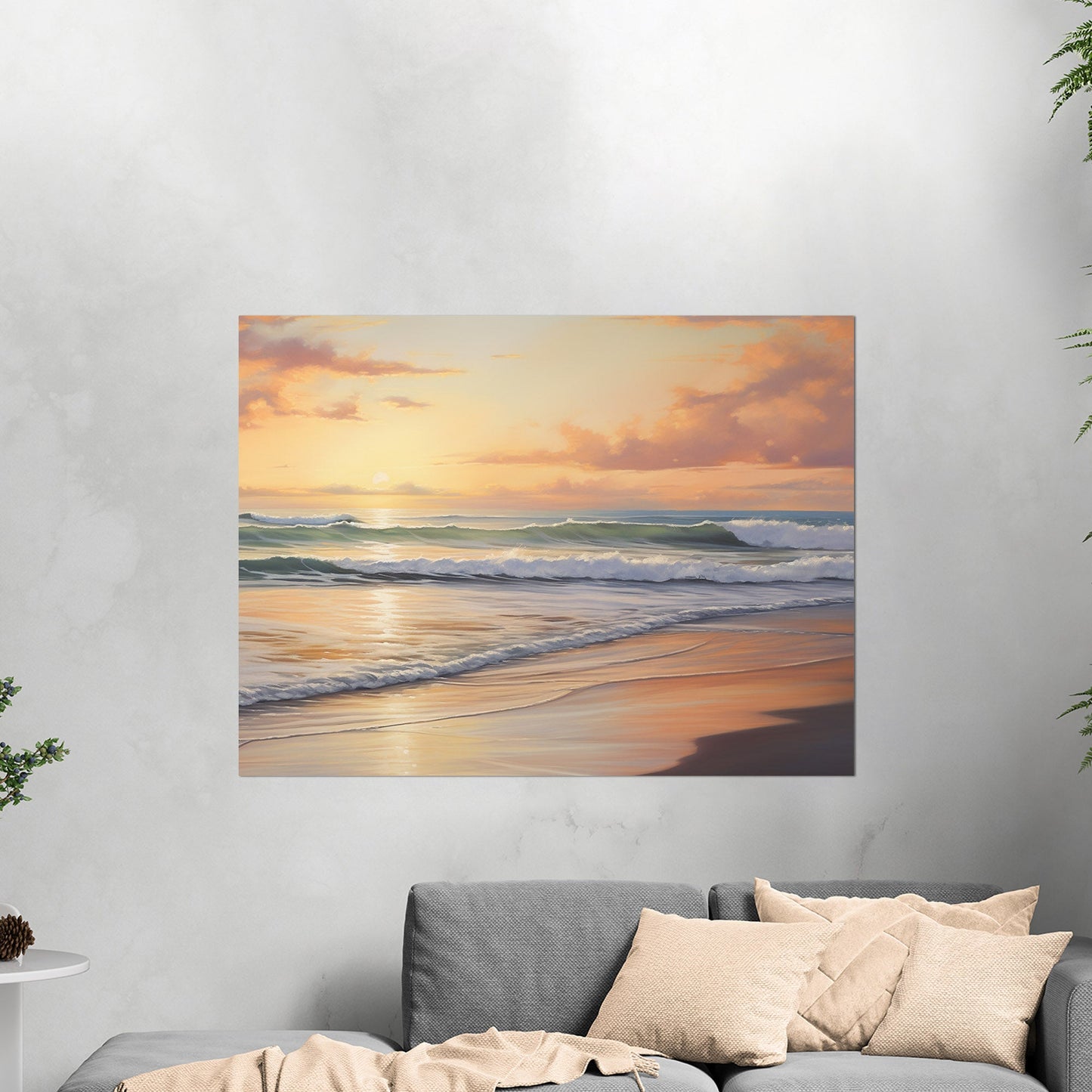 Coastal Beach Painting at Sunset - Golden Coast Sunset Serenity