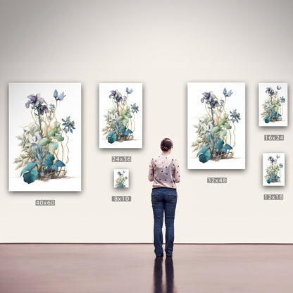 Watercolor of Wildflowers in Blues, Teals and Greens - Botanical Elegance