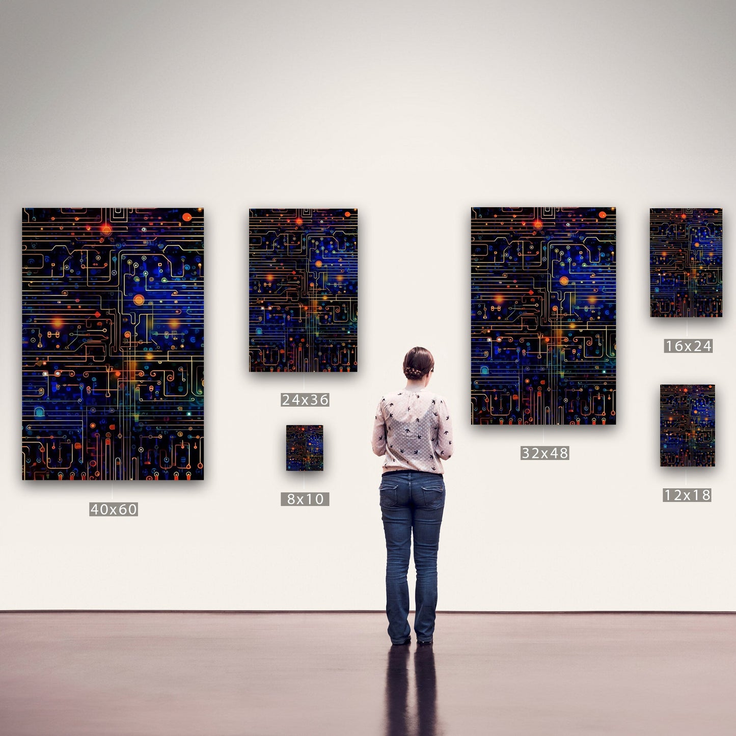 Circuitry Pattern wall art with futuristic digital motifs and binary codes on fine art paper or canvas in various sizes