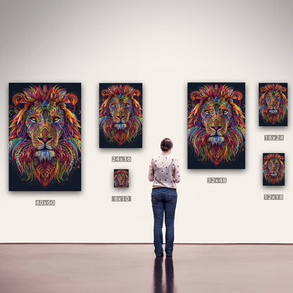 Multicolor Vibrant Digital Drawing of Majestic Lion Face - Lion's Vibrant Mandala Dance