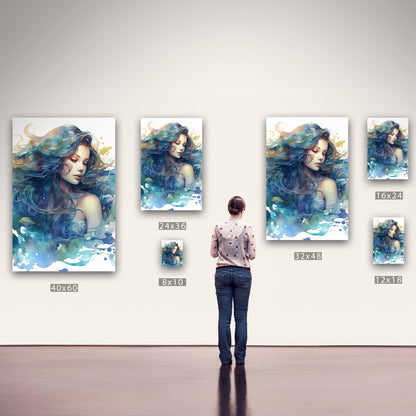 Watercolor Mermaid Portrait in Blue - Enchanting Mermaid's Mystical Underwater Dance