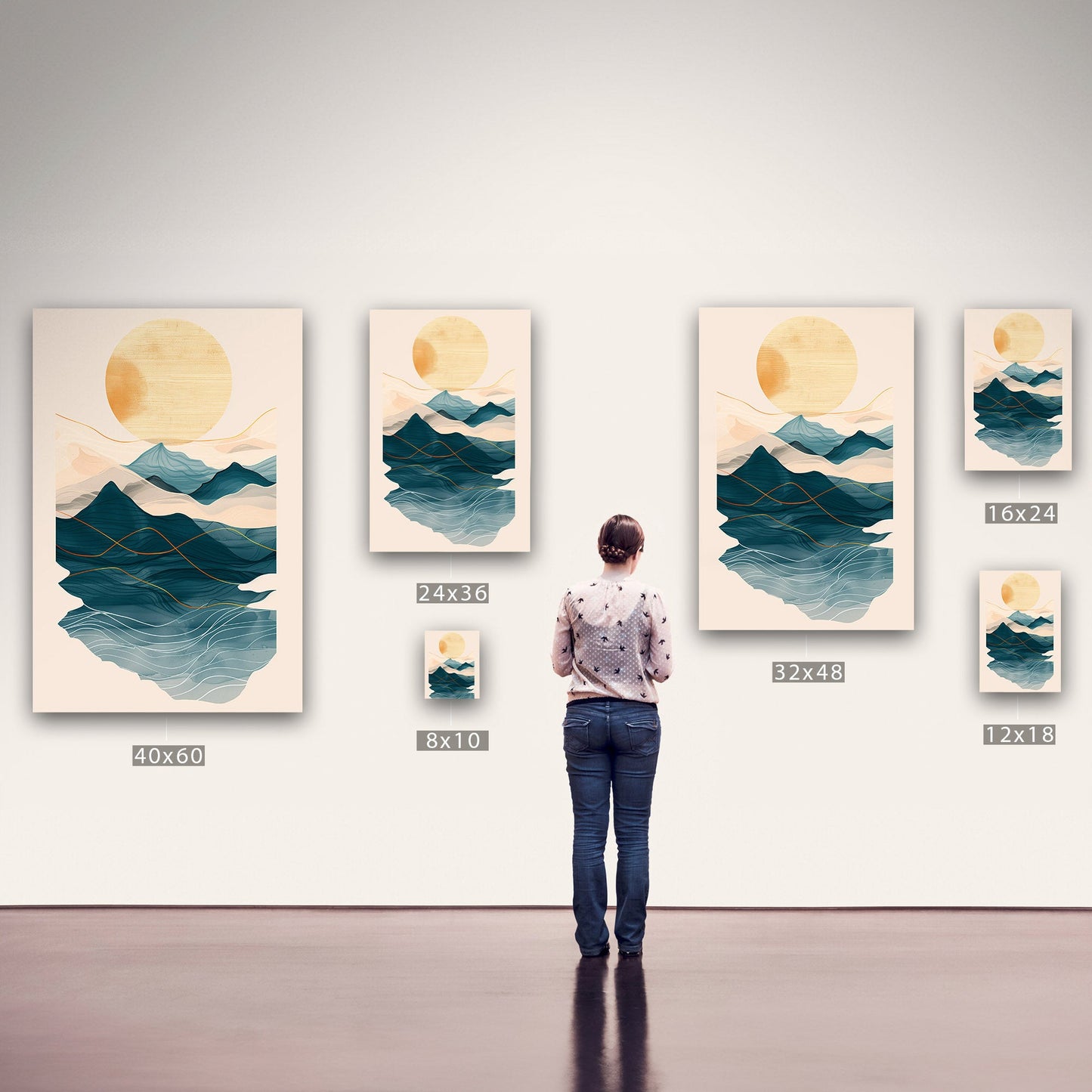 Abstract wall art featuring ocean waves, mountains, and sun - Tranquil Nature Revival