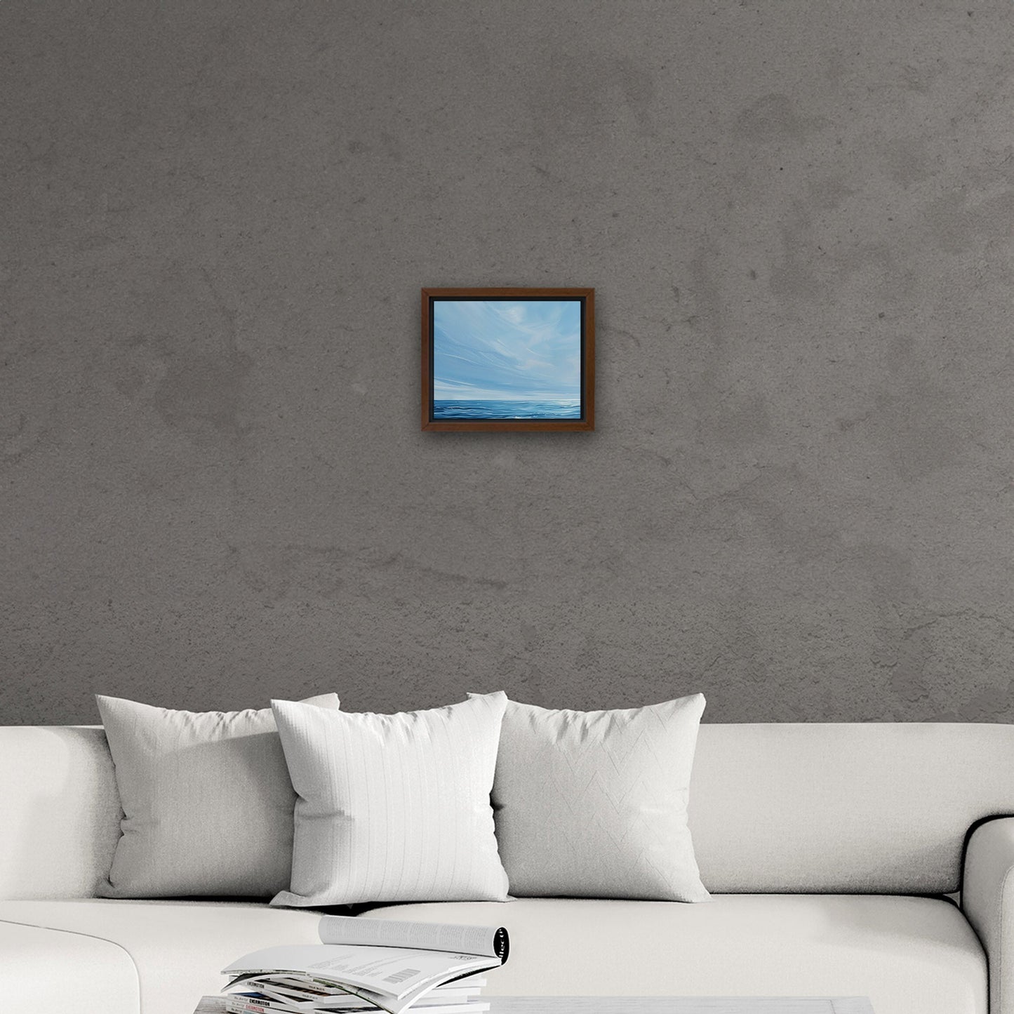 Minimalist abstract brush stroke painting of ocean and blue sky - Tranquil Seaside Serenity