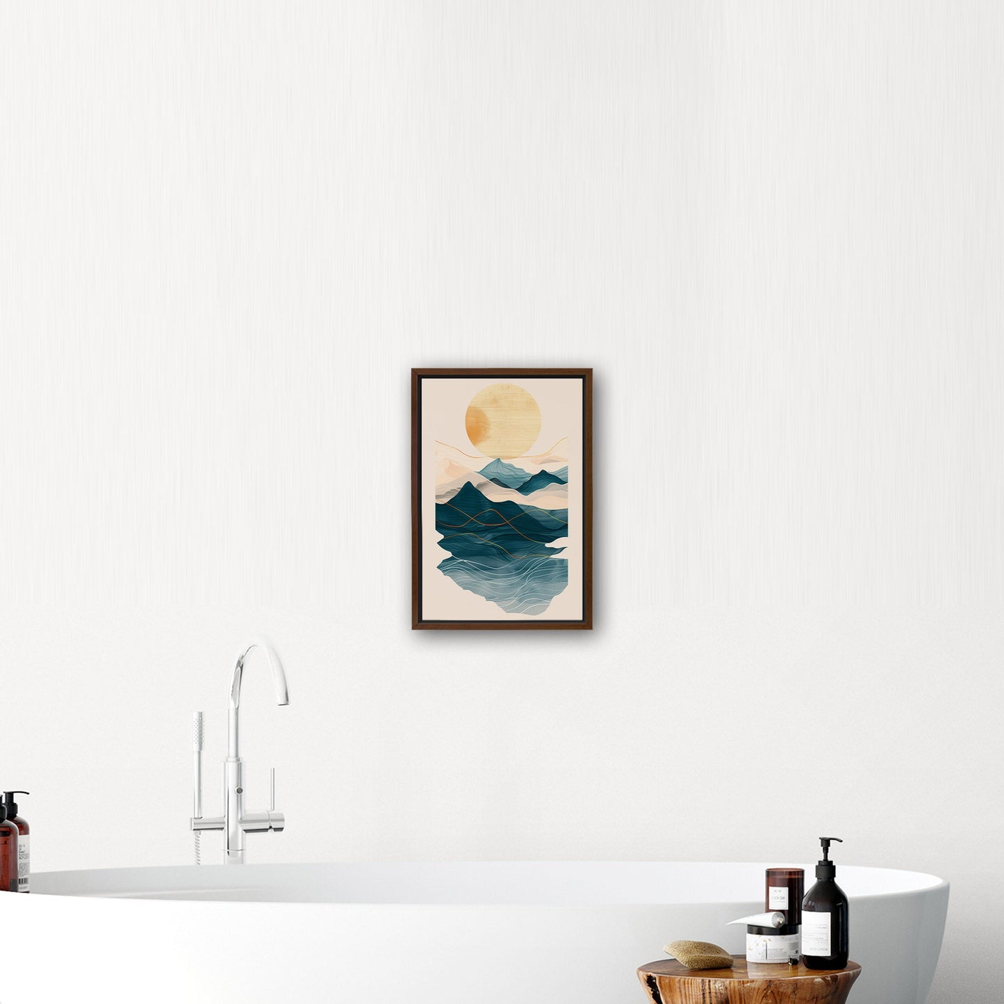 Abstract wall art featuring ocean waves, mountains, and sun - Tranquil Nature Revival