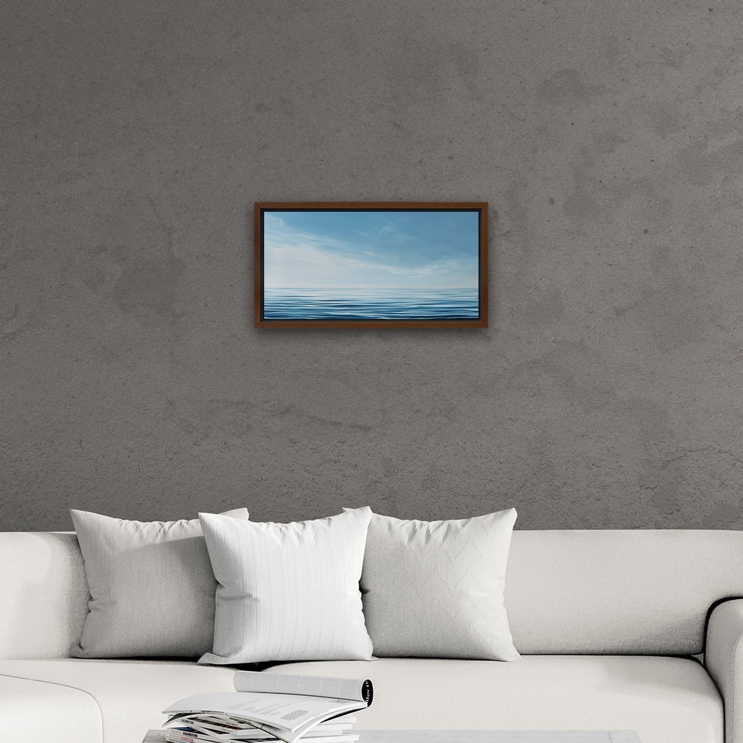 Minimalist abstract brush stroke painting of ocean and blue sky - Tranquil Serenity