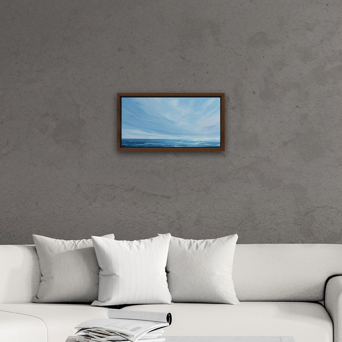 Minimalist abstract brush stroke painting of ocean and blue sky - Tranquil Seaside Serenity