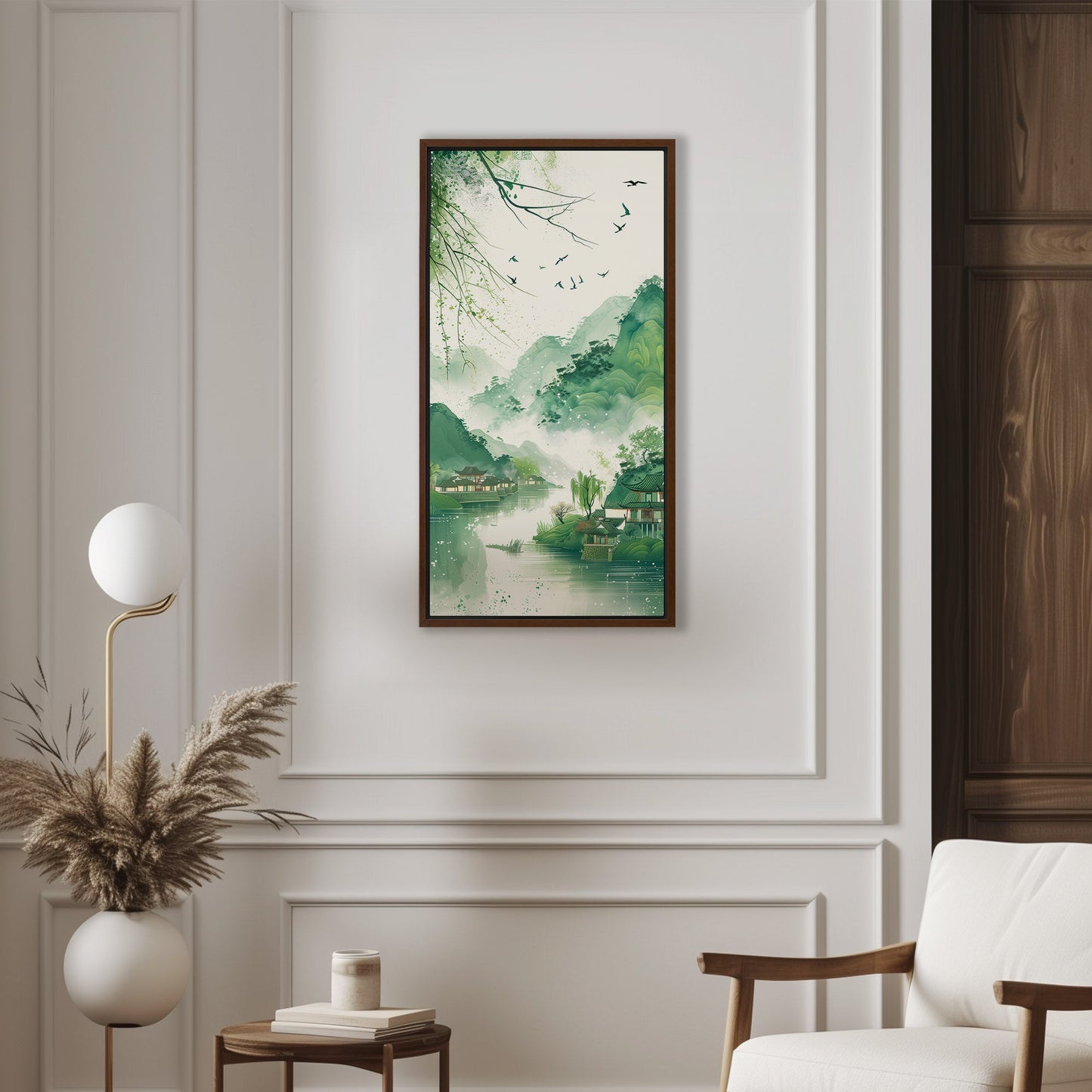 Enchanting spring scenery with green mountains and swallows flying above houses on riverbank, in traditional Chinese ink painting style - Serene Mountain Retreat