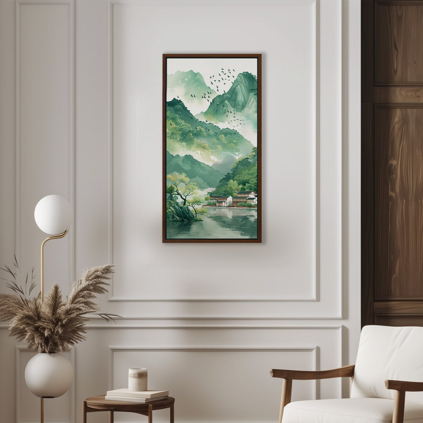 Asian Landscape watercolor with village and green mountains - Ethereal Spring Whispers