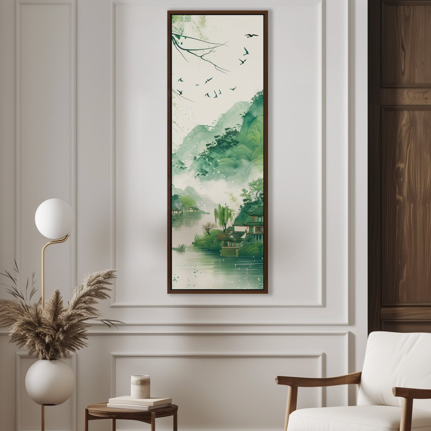 Enchanting spring scenery with green mountains and swallows flying above houses on riverbank, in traditional Chinese ink painting style - Serene Mountain Retreat