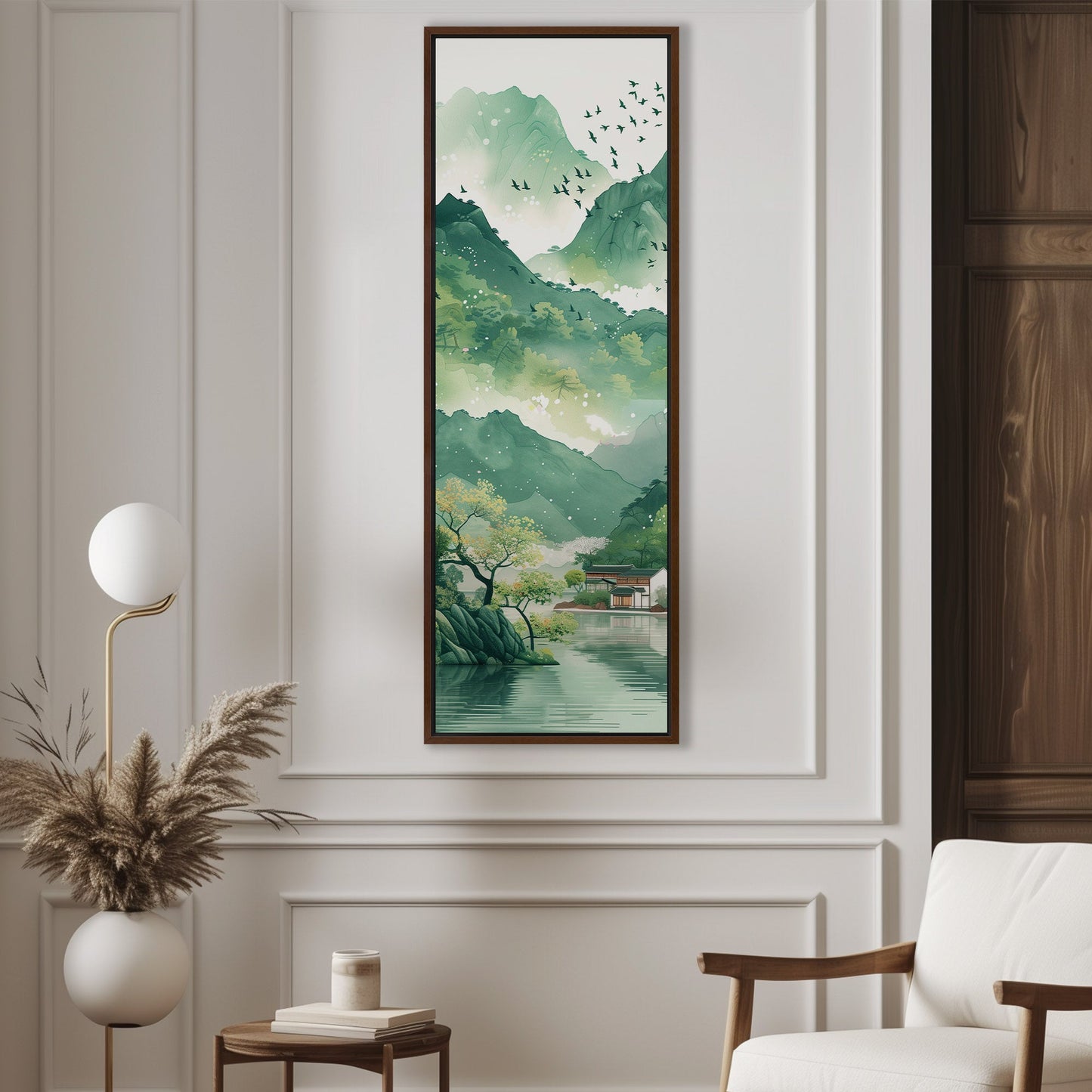 Asian Landscape watercolor with village and green mountains - Ethereal Spring Whispers