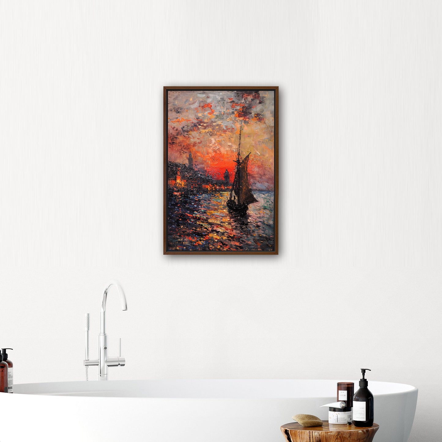 Impressionist Landscape of Sailboat Arriving at a Town - Sunset Dreams Over Lisbon Skyline Monetized