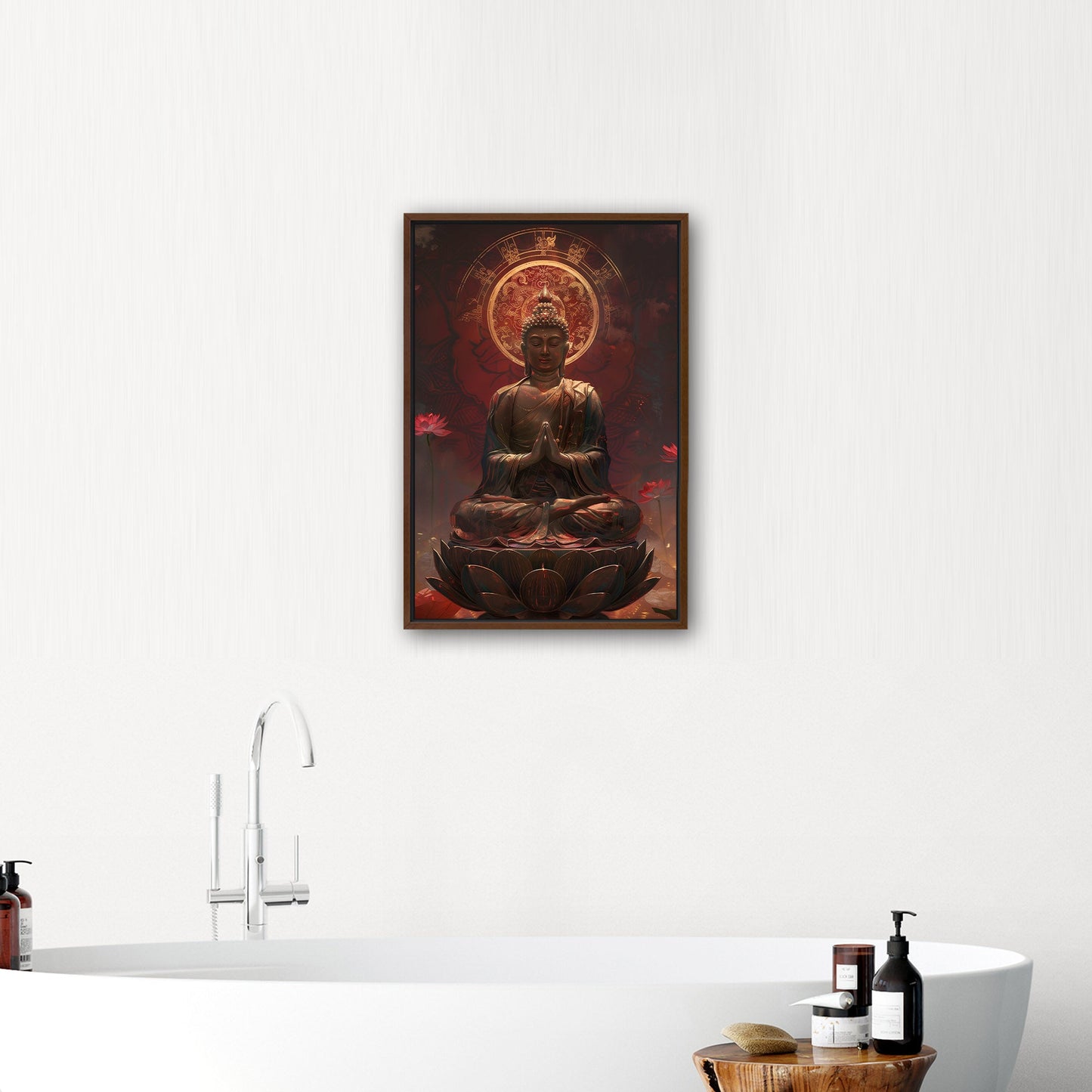 Buddha Statue in Lotus Position, Red Hues - Serene Ascension