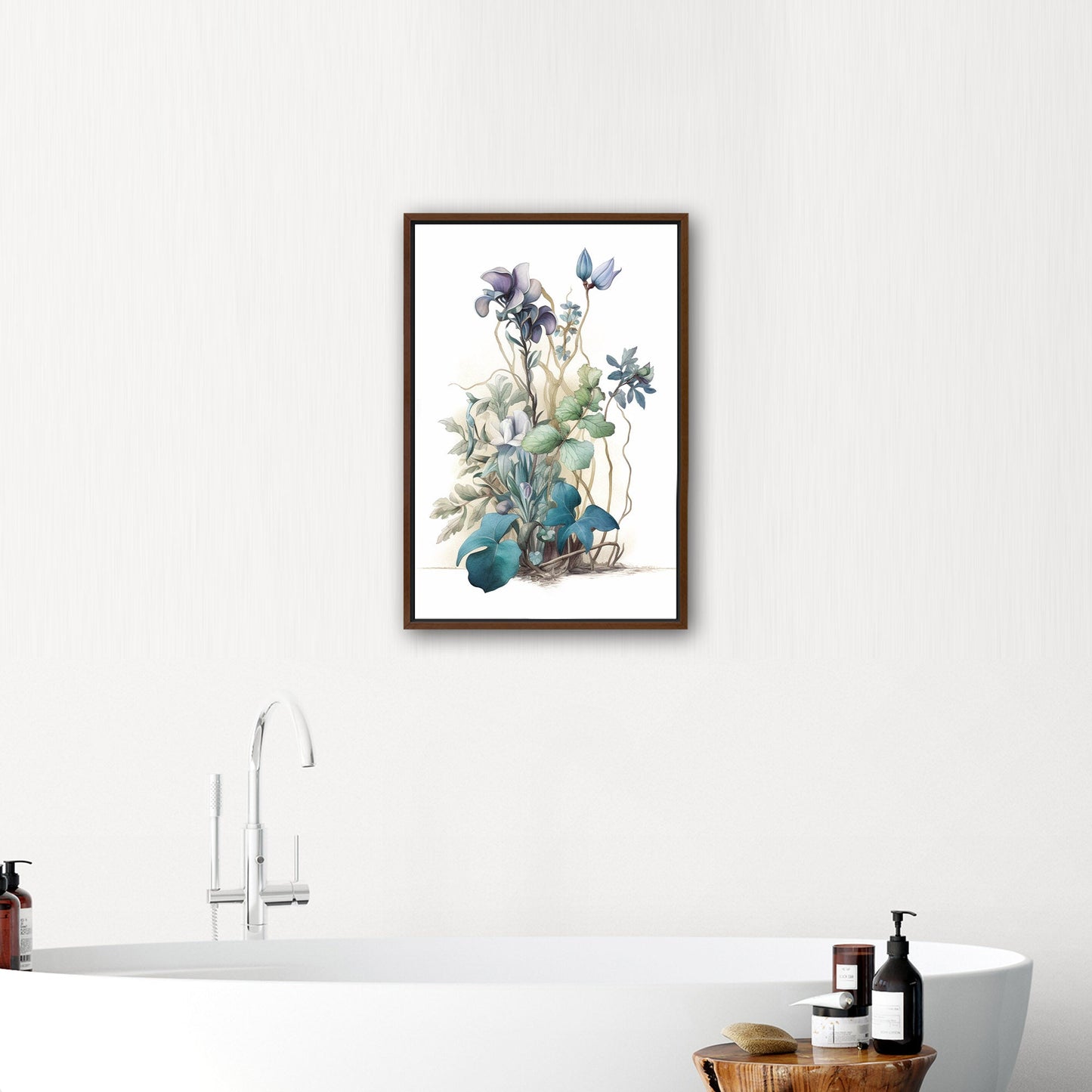 Watercolor of Wildflowers in Blues, Teals and Greens - Botanical Elegance