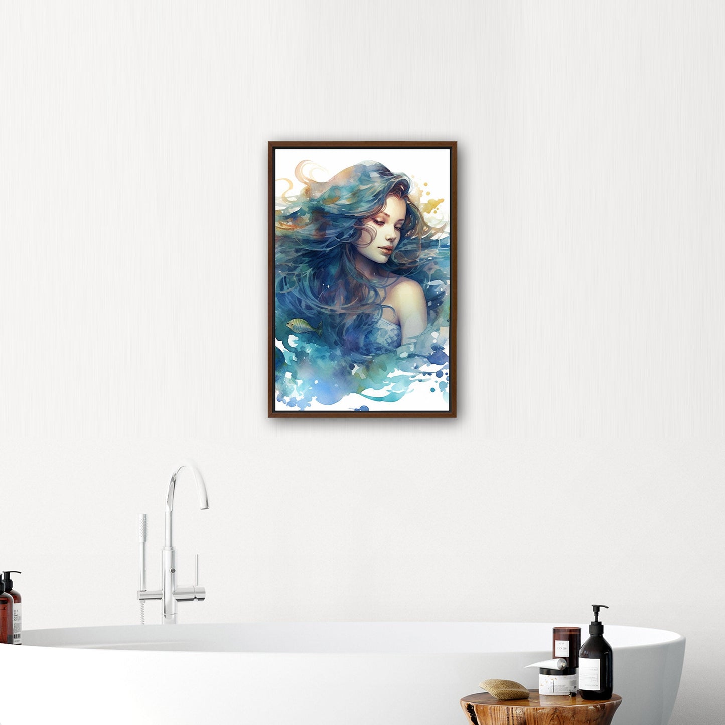 Watercolor Mermaid Portrait in Blue - Enchanting Mermaid's Mystical Underwater Dance