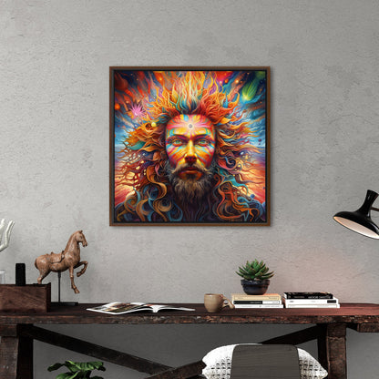 Psychedelic portrait of Oden with flowing rainbow hair