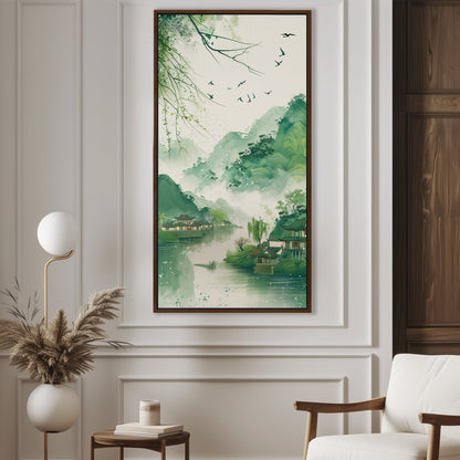 Enchanting spring scenery with green mountains and swallows flying above houses on riverbank, in traditional Chinese ink painting style - Serene Mountain Retreat