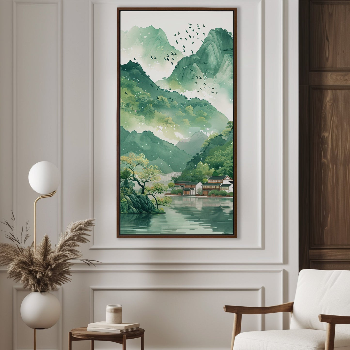 Asian Landscape watercolor with village and green mountains - Ethereal Spring Whispers