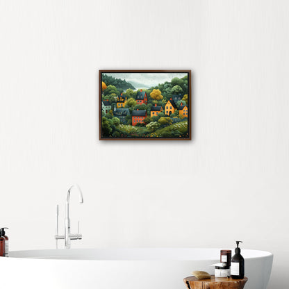 Naive art style illustration of a cute neighborhood down a hill by a lake. - Enchanting Lakeside Village