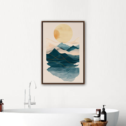 Abstract wall art featuring ocean waves, mountains, and sun - Tranquil Nature Revival