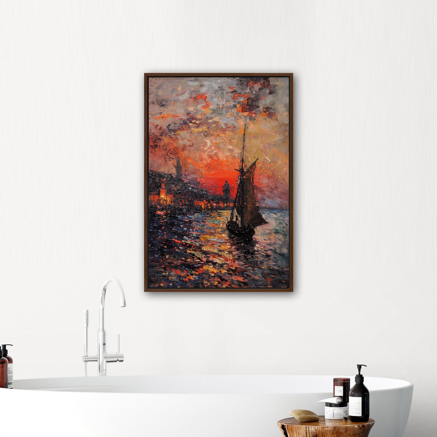 Impressionist Landscape of Sailboat Arriving at a Town - Sunset Dreams Over Lisbon Skyline Monetized