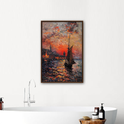 Impressionist Landscape of Sailboat Arriving at a Town - Sunset Dreams Over Lisbon Skyline Monetized