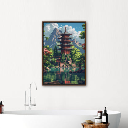 Japanese-inspired fantasy lake pixel art - Enchanted Oasis