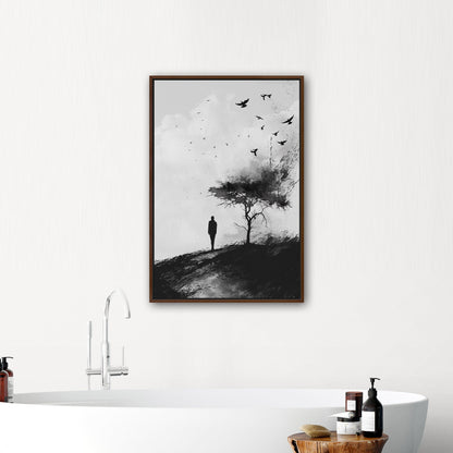 Painting of Silhouetted Man by a Tree with Blackbirds- Elegance in Monochrome