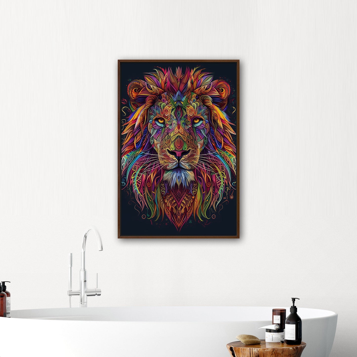 Multicolor Vibrant Digital Drawing of Majestic Lion Face - Lion's Vibrant Mandala Dance