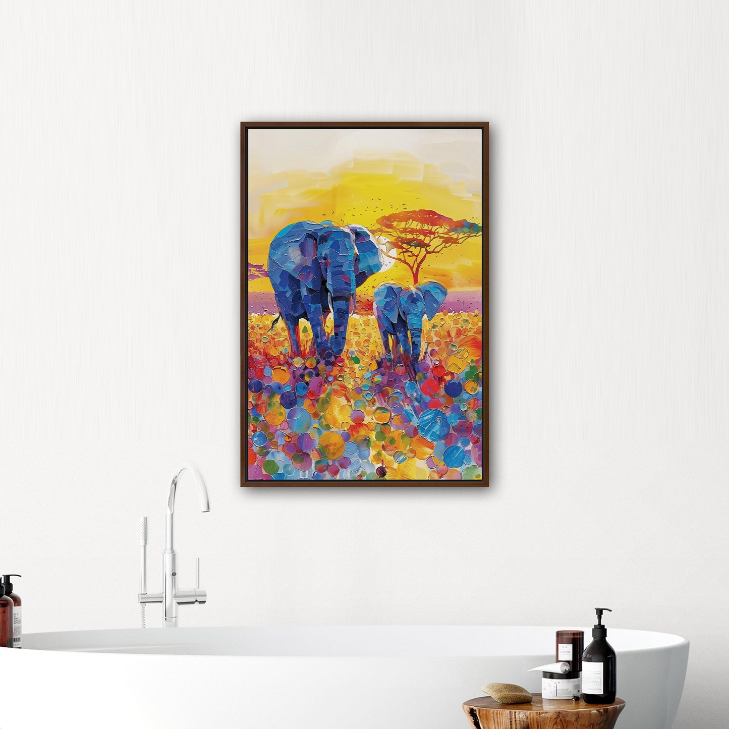 Impressionist Elephant with Child Wandering the Sahara - Elephant Bonding at Sunset