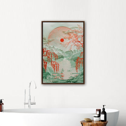 Asian Paper cut style landscape art - Ethereal Willow Dance on Crimson River