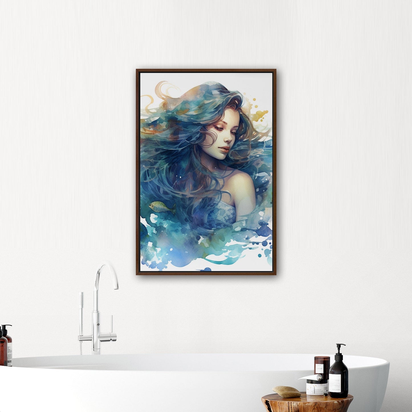 Watercolor Mermaid Portrait in Blue - Enchanting Mermaid's Mystical Underwater Dance