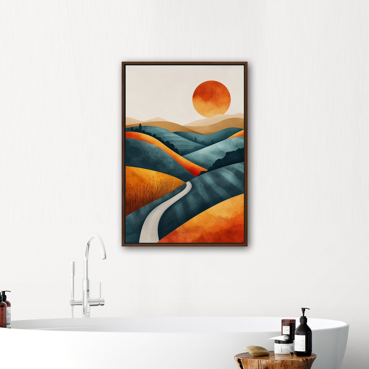 Abstract Hills at Sunset in Orange and Blue - Vivid Dreamscape: Path to Serenity