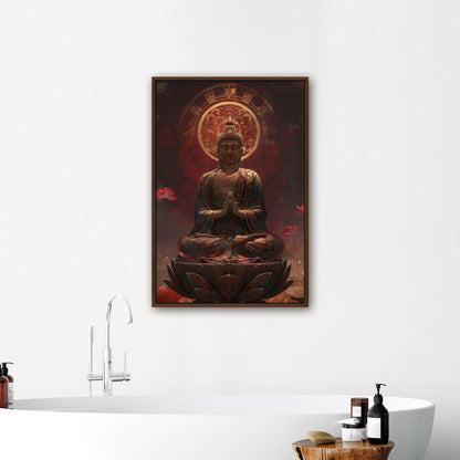 Buddha Statue in Lotus Position, Red Hues - Serene Ascension