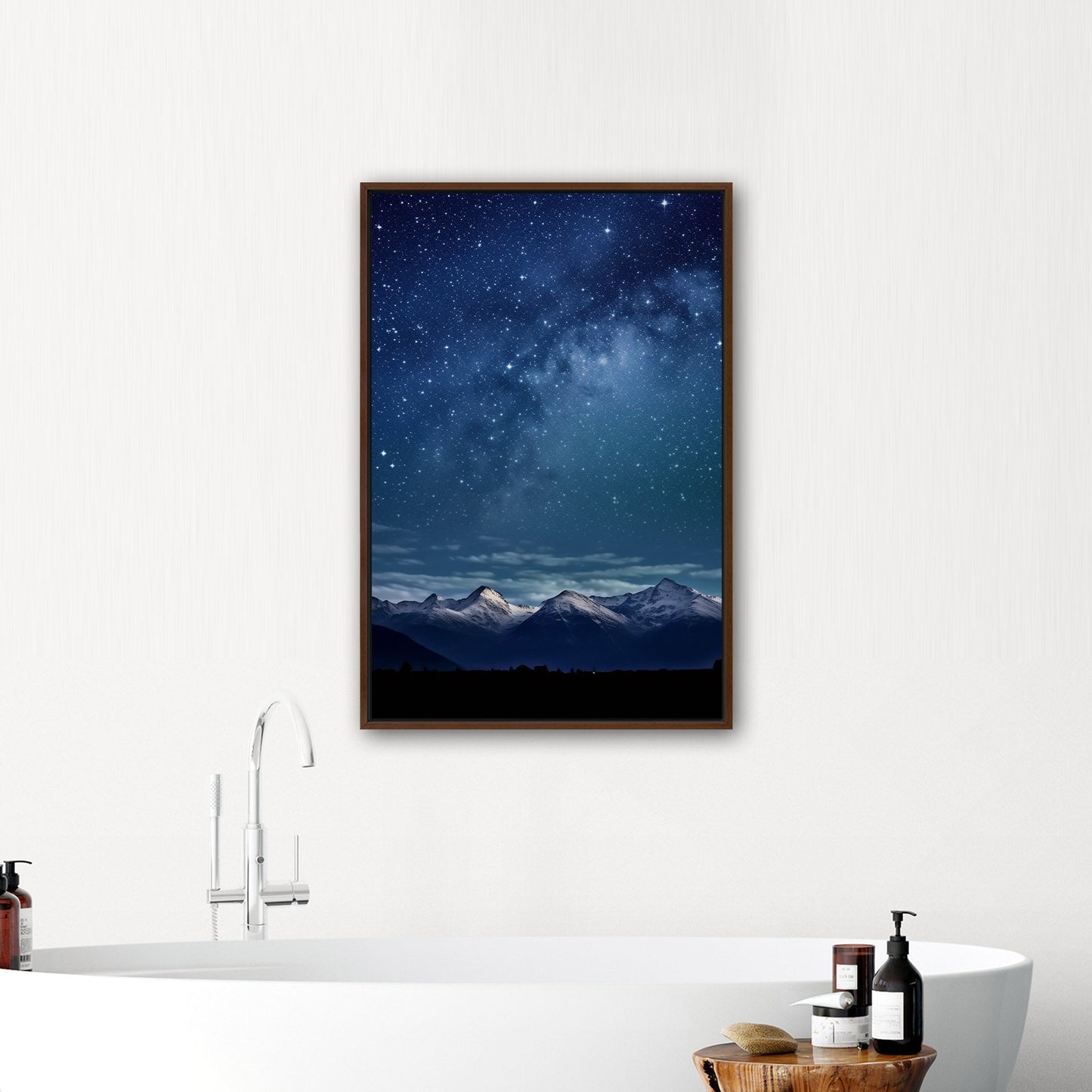 Painting of Star-filled Sky at night with Mountains as Backdrop - Starry Serenity at Midnight