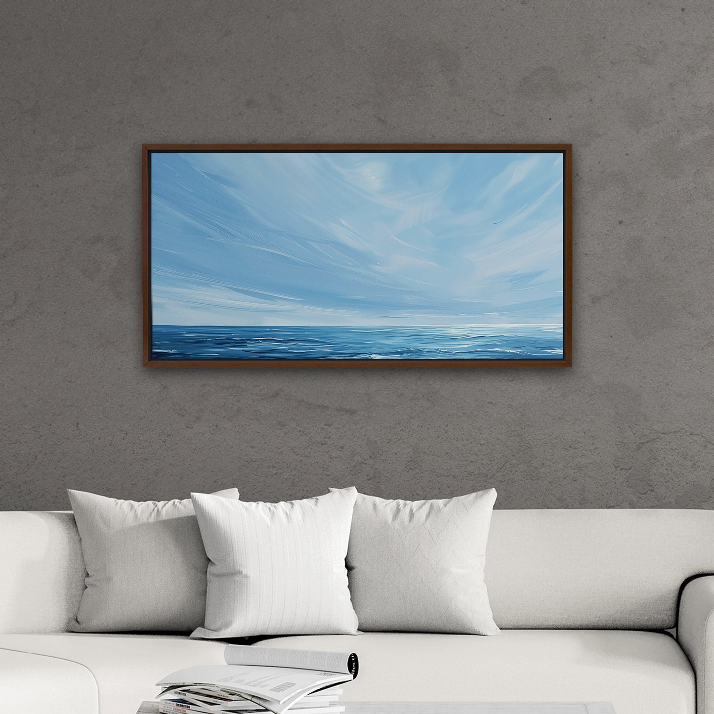 Minimalist abstract brush stroke painting of ocean and blue sky - Tranquil Seaside Serenity