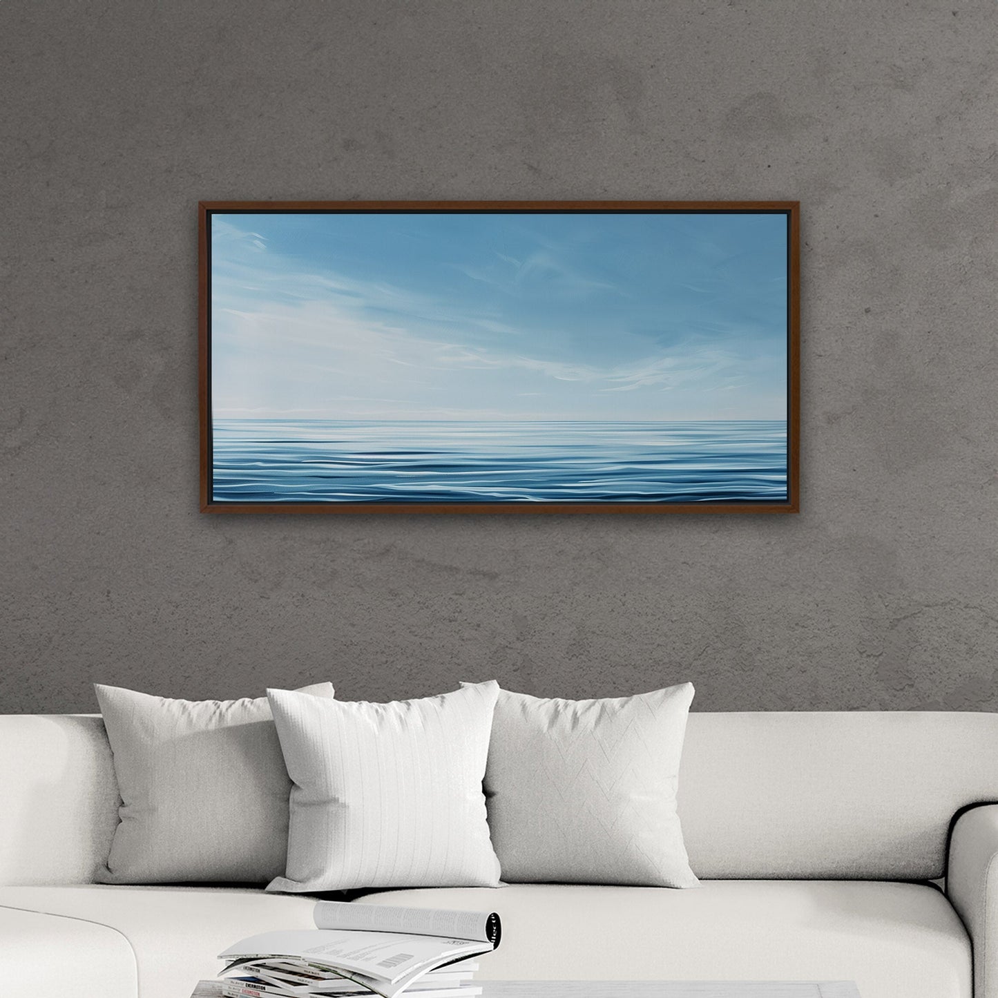 Minimalist abstract brush stroke painting of ocean and blue sky - Tranquil Serenity