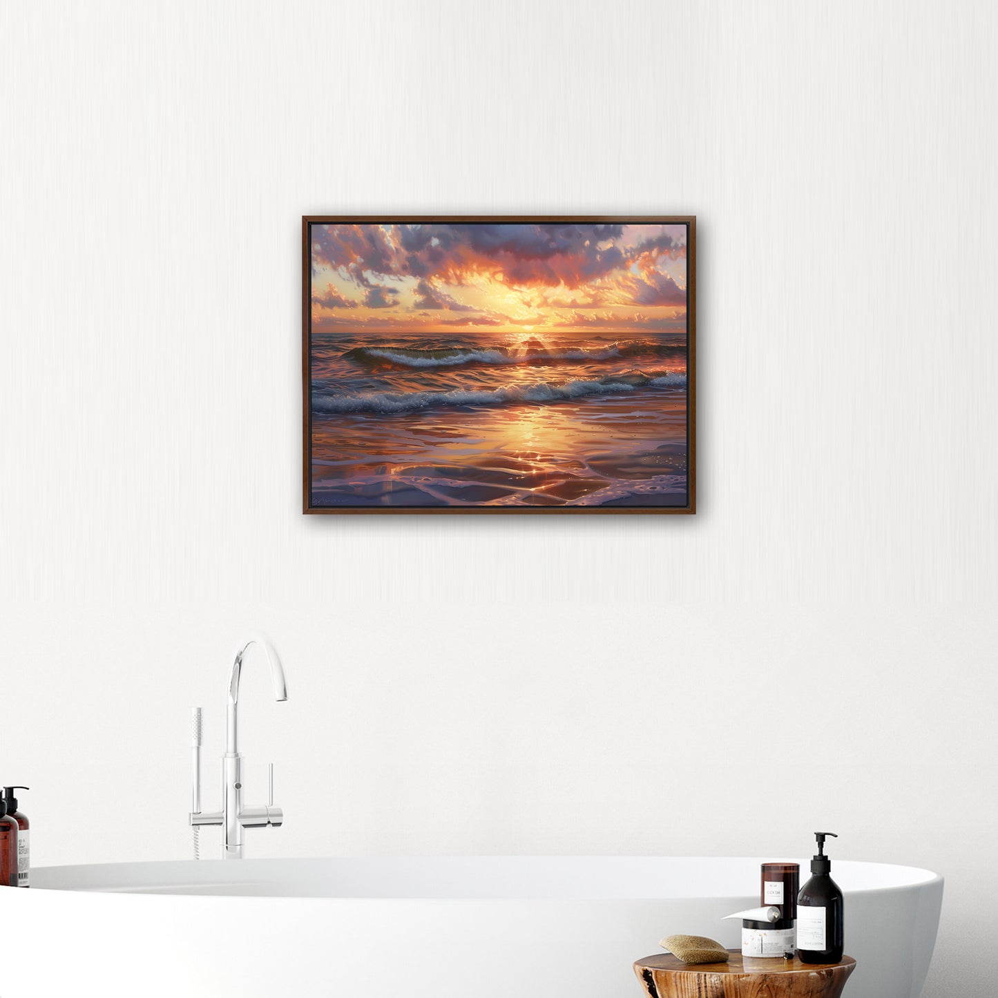 Seascape art piece capturing coastal tranquility - Coastal serenity Sunset Bliss