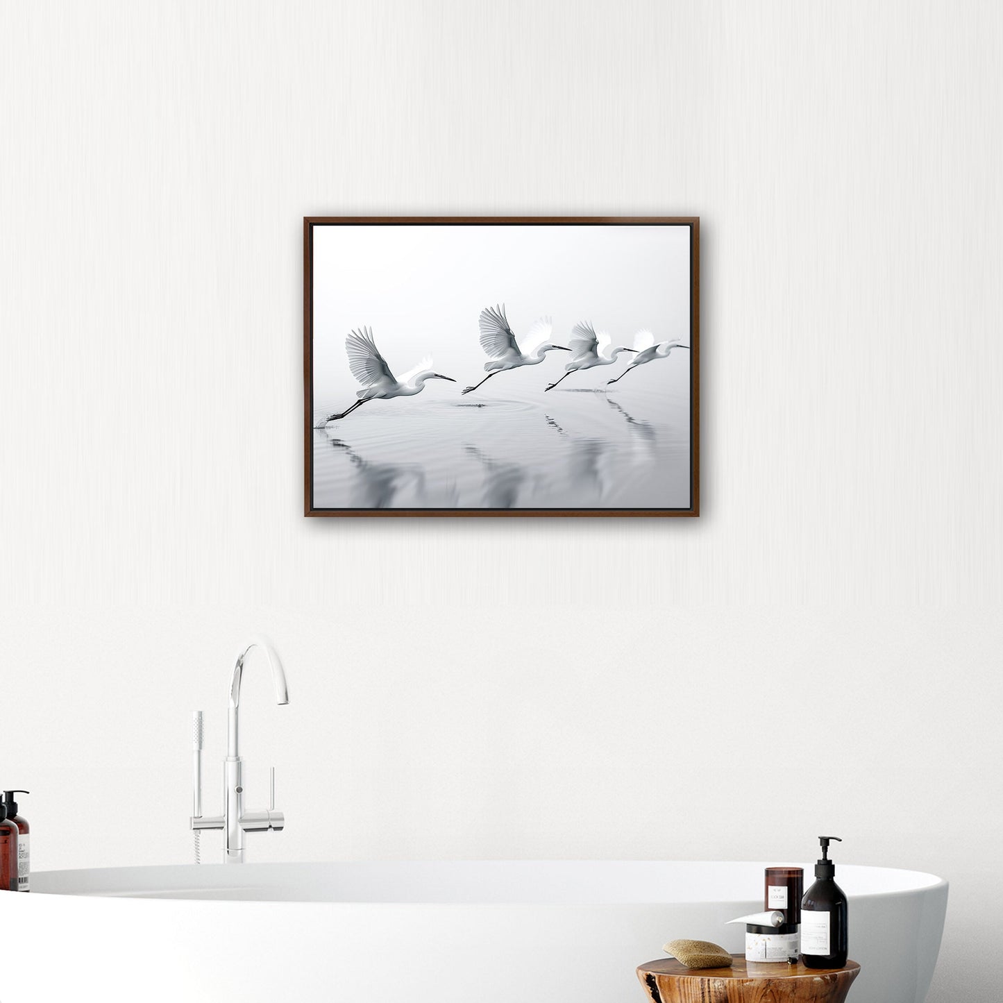 Tranquil wall art depicting elegant egrets flying over serene lake - Serene Flight