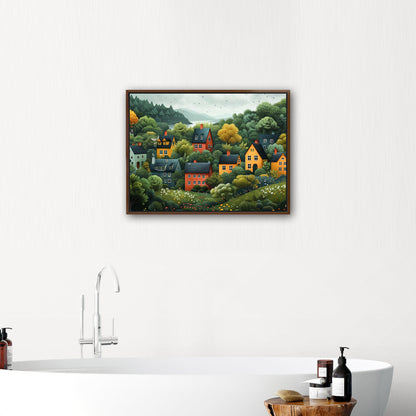 Naive art style illustration of a cute neighborhood down a hill by a lake. - Enchanting Lakeside Village