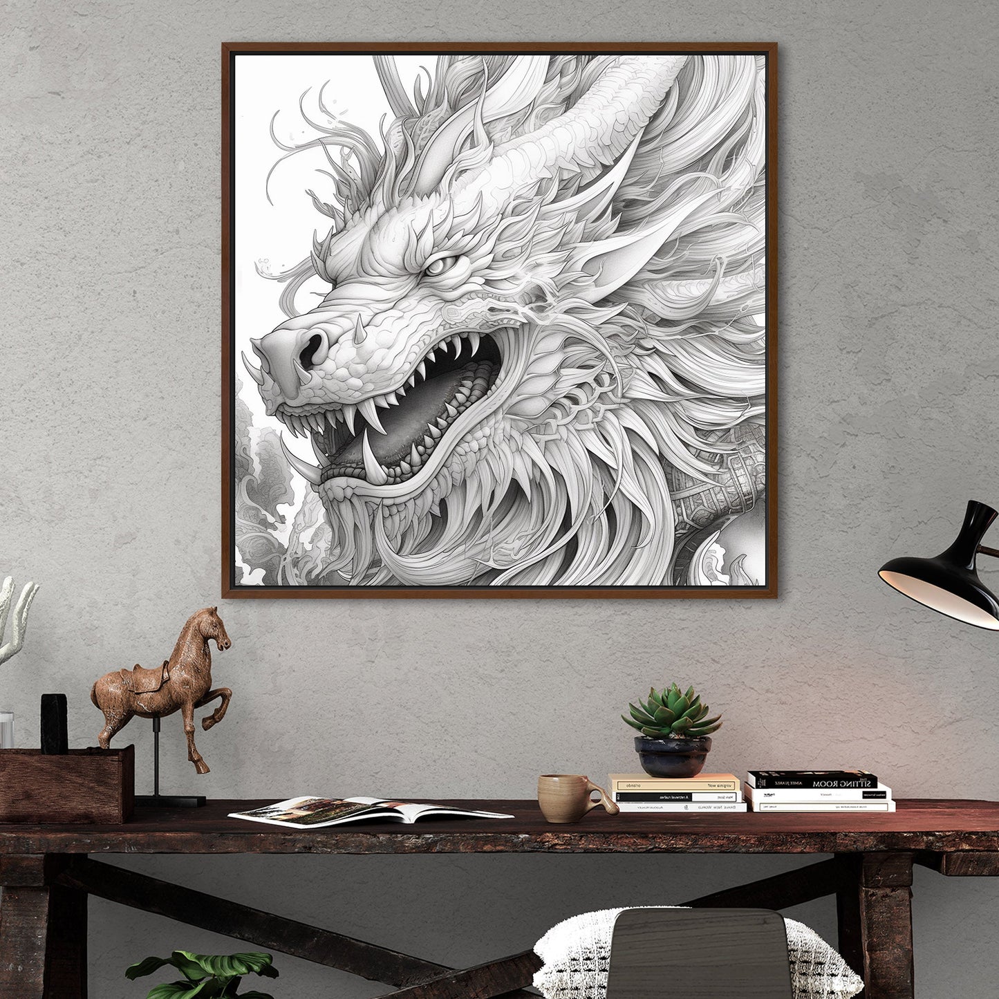 Pencil Drawing Style of Asian Dragon Head - Mythical Dragon: Intricate Allure