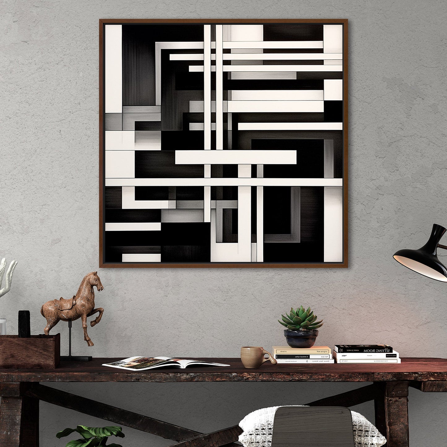 Black and White Geometric Abstract Painting - Sleek Serenity