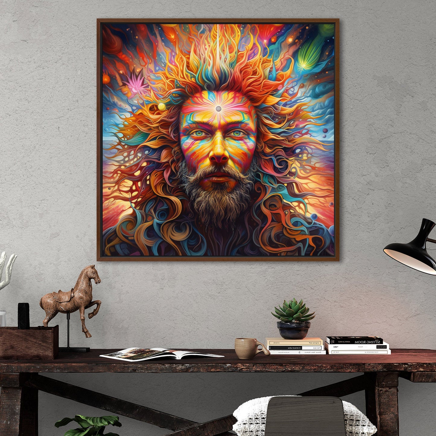 Psychedelic portrait of Oden with flowing rainbow hair