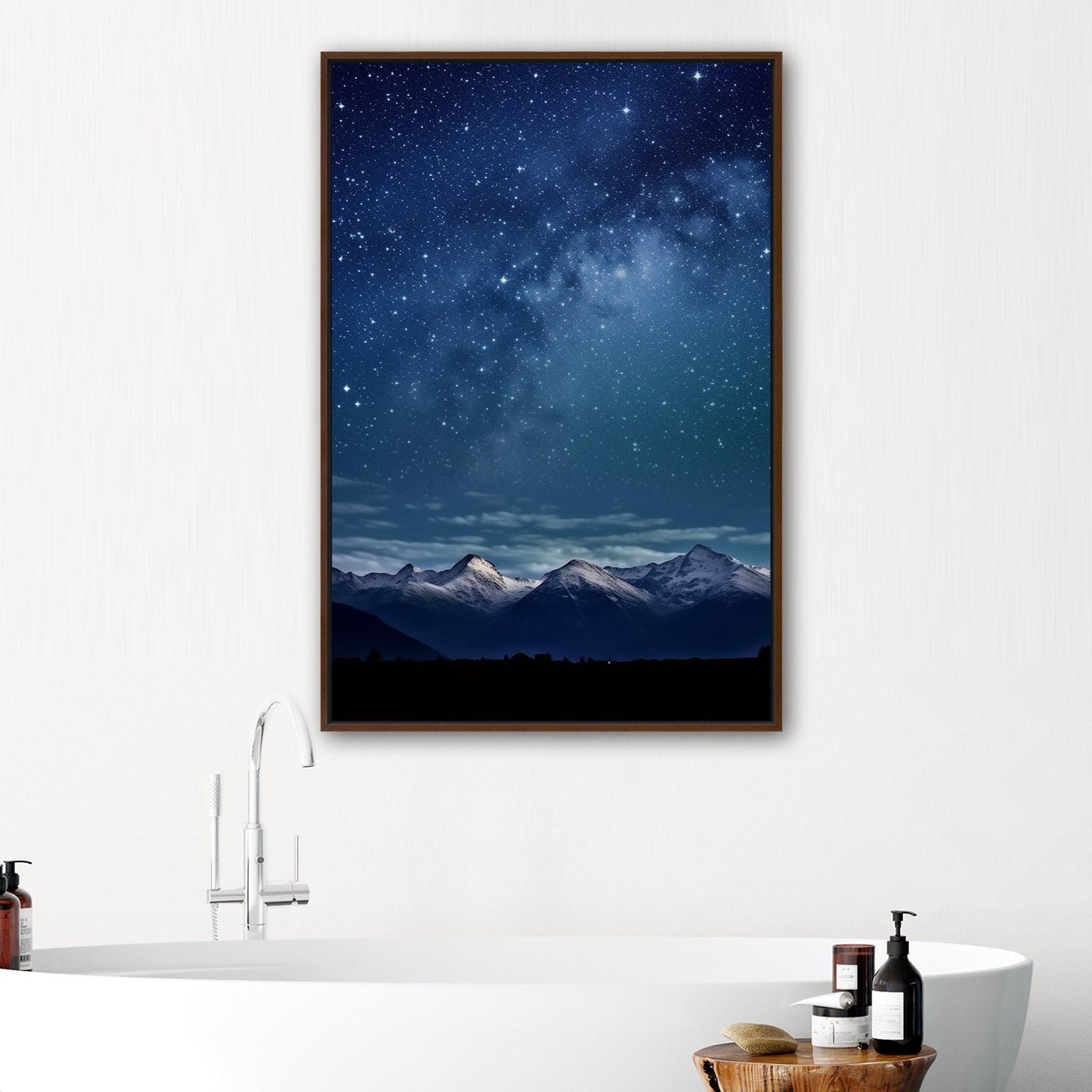 Painting of Star-filled Sky at night with Mountains as Backdrop - Starry Serenity at Midnight