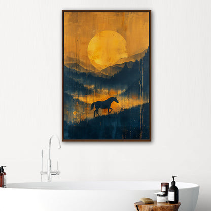 Silhouetted Horse in Mountain Landscape - Golden Gallop: Spirit of the Steppe